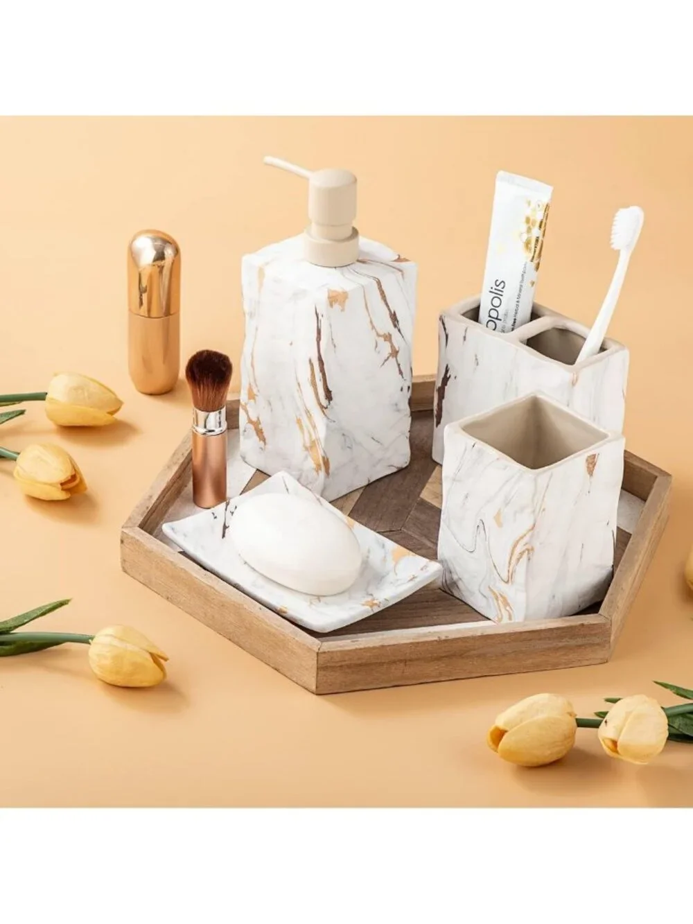 Elegant Marble Bathroom Accessories Set - 4-Piece Ceramic Decor with Gold